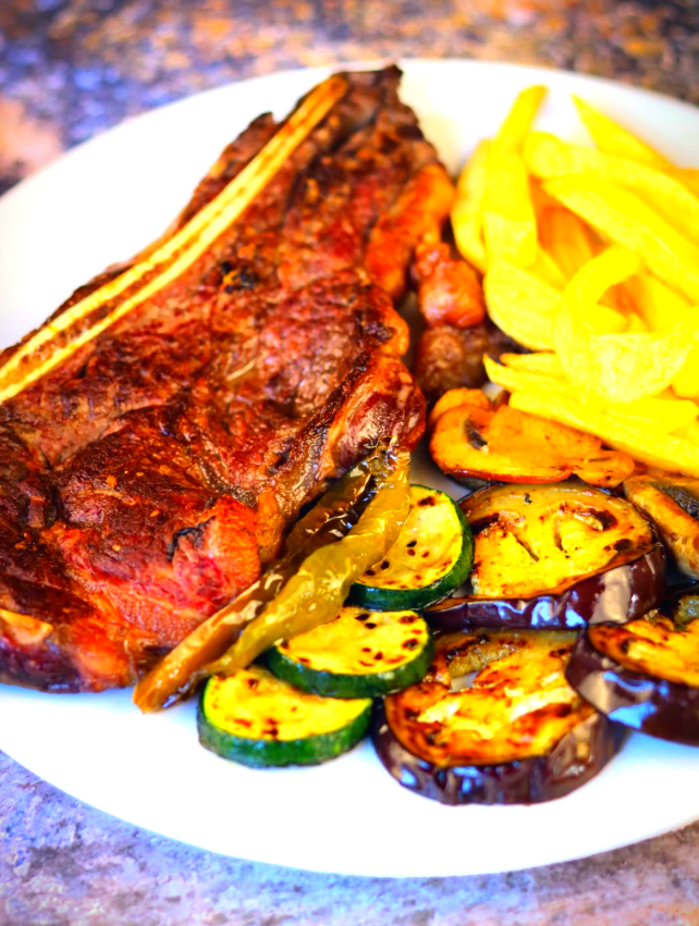 Pescado a la brasa con verduras de temporada